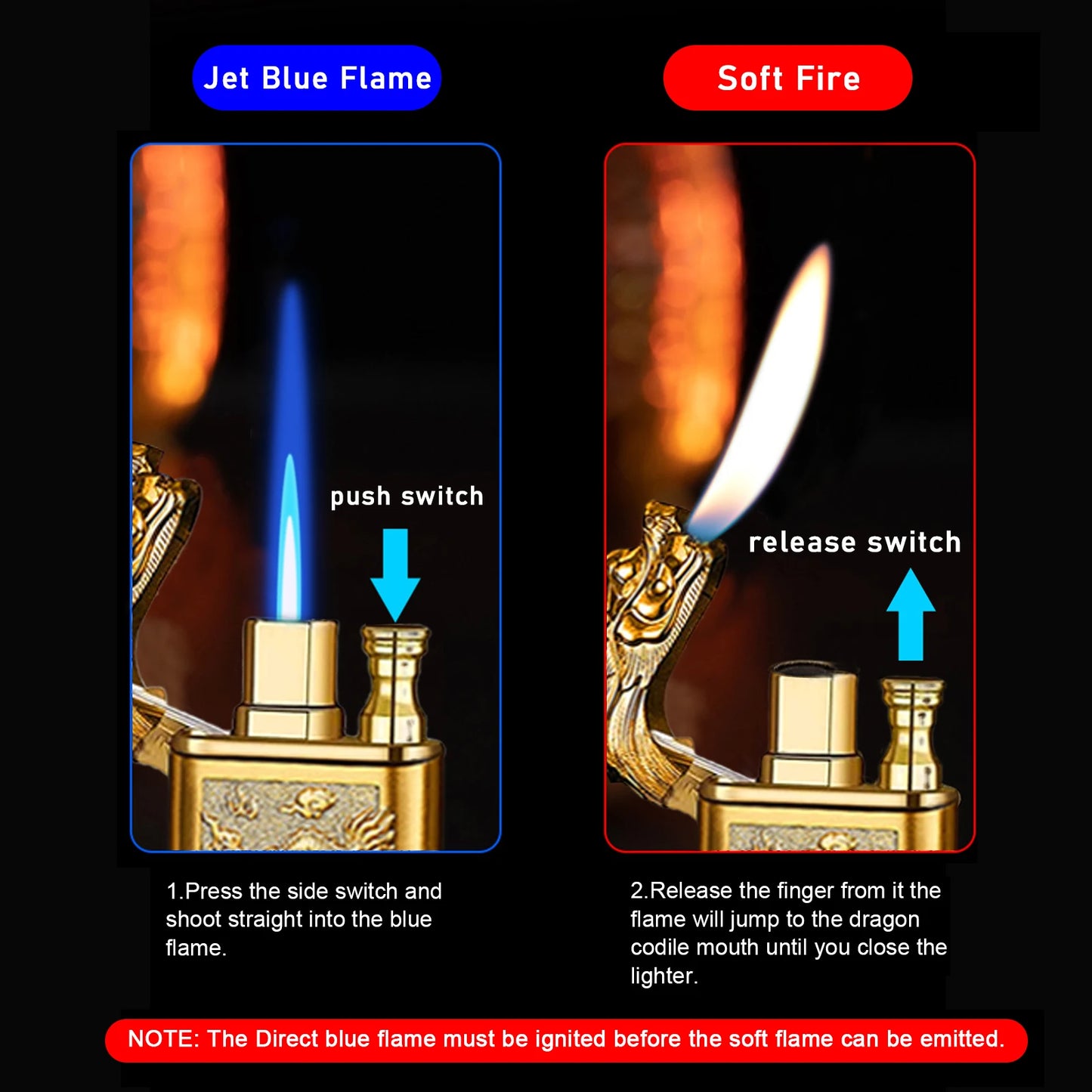 Cool Dragon Design Magic Dual Flame Torch Lighter with Adjusting Flame Tool Windproof Jet Flame Lighter (Without Butane)